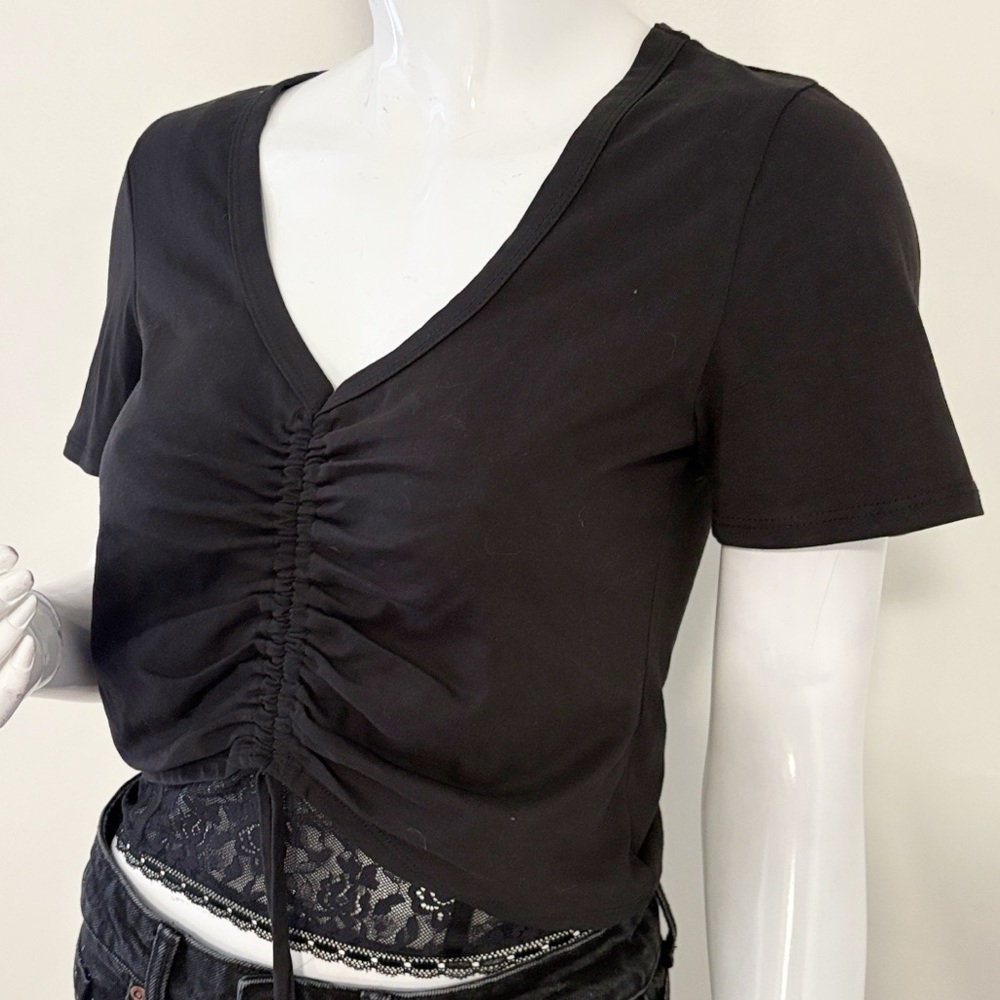 Jonathan Simkhai Standard Aida S/S Cropped T-shirt Lace Hem Drawstring Ruching - Picture 2 of 6